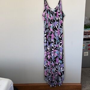 white birch Black Maxi Dress with Pink and Aqua Leaf Print